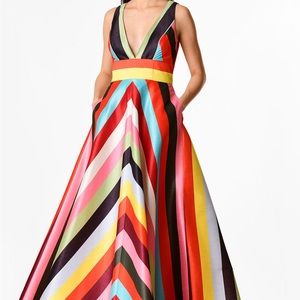 eShakti Plunge Chevron Stripe Print Dupioni Dress